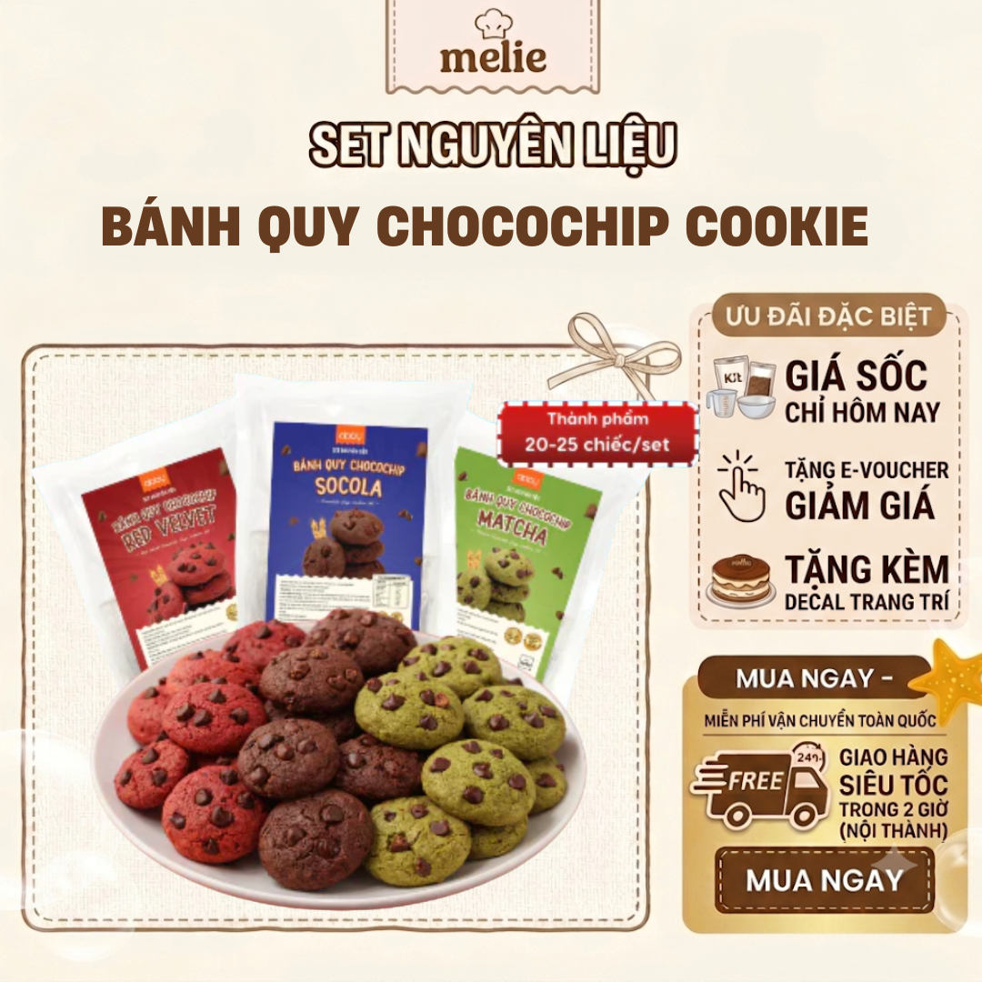 chocochip-3 Set nguyên liệu Melie làm bánh Chocochip Cookie - Thành phẩm 20-25 chiếc - Bánh quy bơ socola