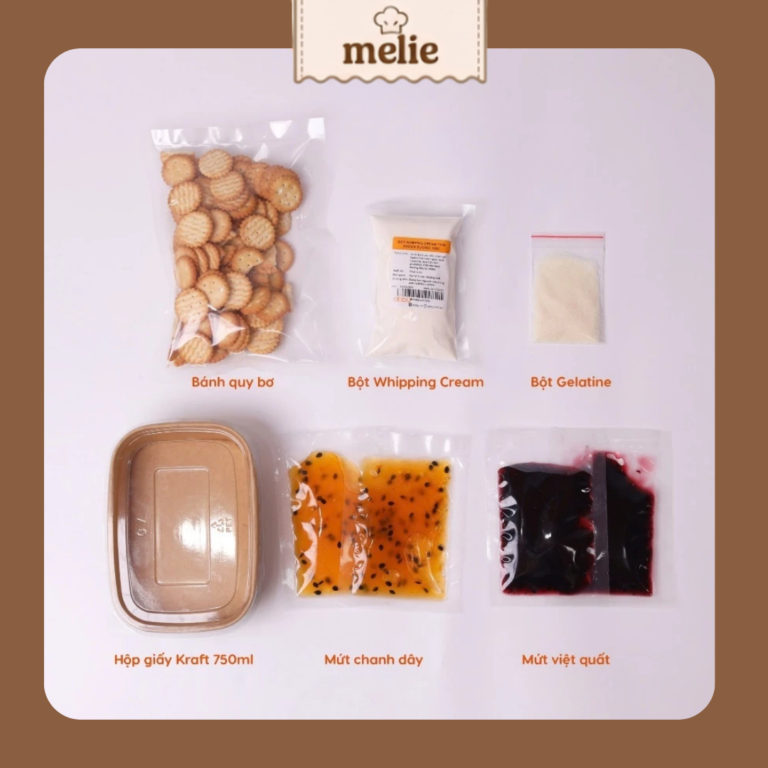 mousse-2 Set nguyên liệu Melie làm bánh Mousse Việt Quất & Chanh Leo - Thành phẩm 2 hộp 750ml/hộp - Dễ làm tại nhà
