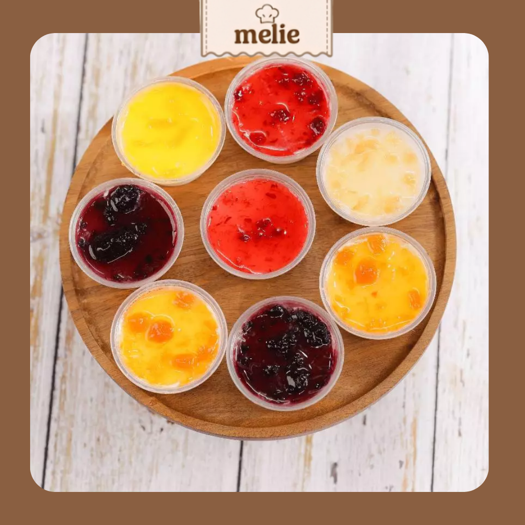 panna-1 Set nguyên liệu Melie làm Panna Cotta Mix 8 vị - Thành phẩm 40-50 hũ - Bột trộn sẵn, mứt trái cây tự nhiên
