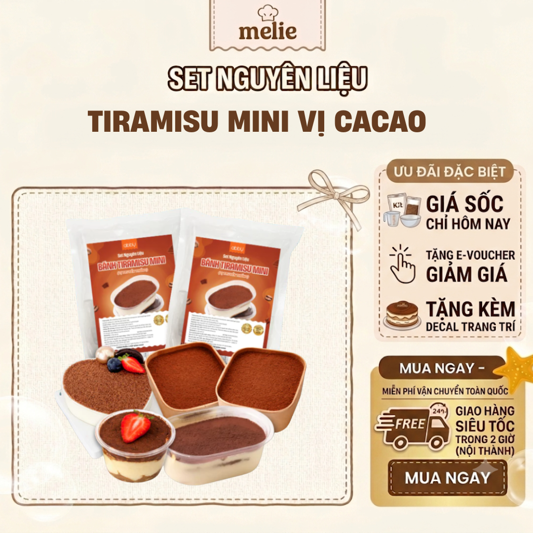 tiramisu-mini-cacao Set nguyên liệu Melie làm bánh Tiramisu Mini nguyên vị - Thành phẩm 2 hộp 900ml (2 hộp 450ml/hộp) - Không cần lò nướng