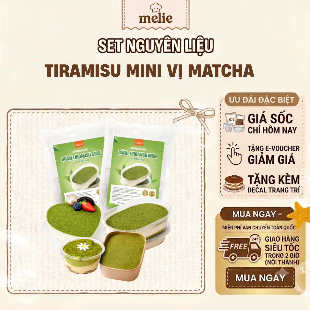 tiramisu-mini-matcha Set nguyên liệu Melie làm bánh Tiramisu Mini nguyên vị - Thành phẩm 2 hộp 900ml (2 hộp 450ml/hộp) - Không cần lò nướng